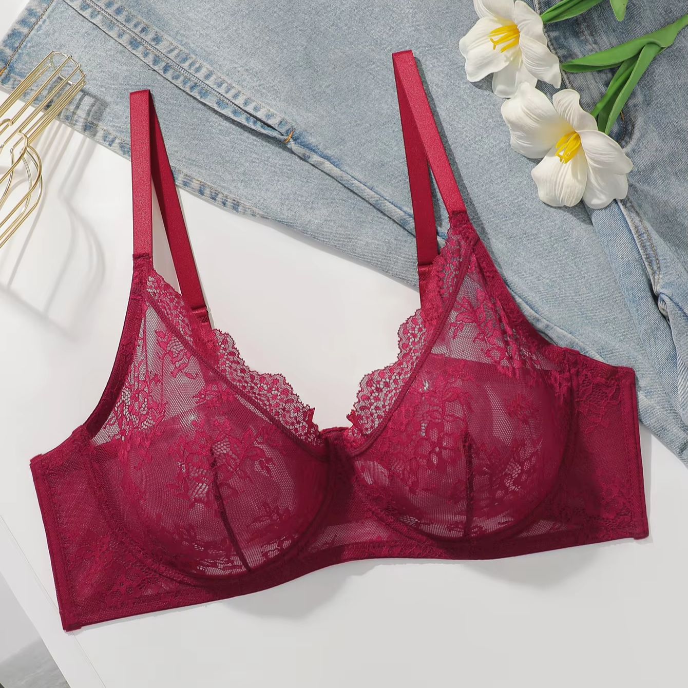 Kadınlar için Büyük Beden Kırm - Sheer Bra Lace incelemesi ve fiyatı